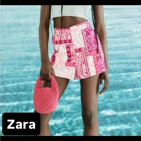 Zara Women's High Waist Pink and White Patchwork Shorts NWT size Small - Picture 1 of 5
